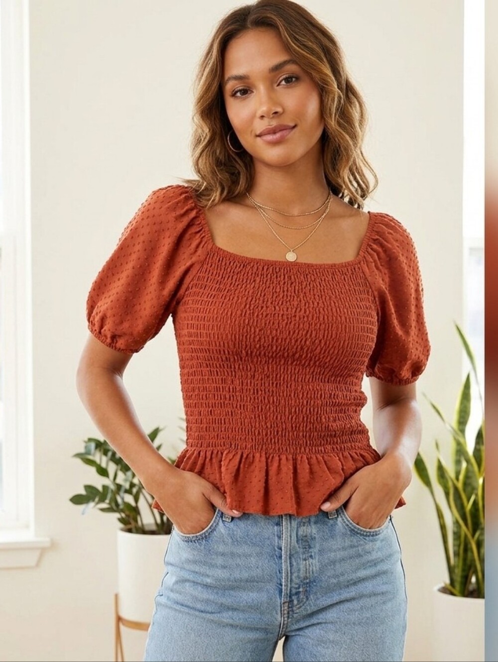 Elegant Rust Smocked Blouse with Puff Sleeves